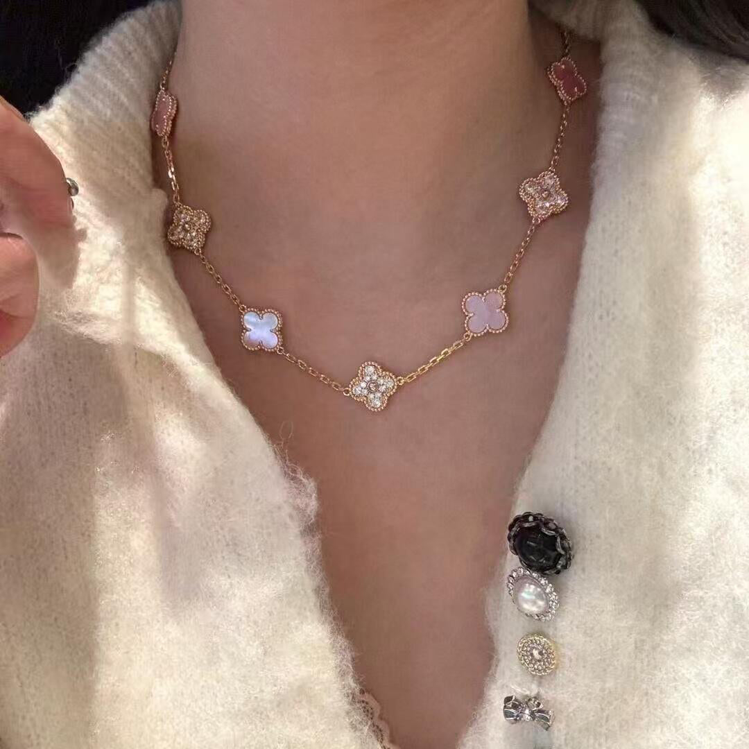 [Noble Aura jewelry]CLOVER 10 MOTIFS DIAMOND PINK MOP NECKLACE