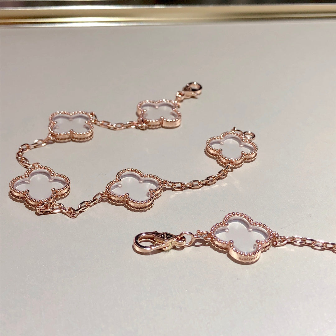 [Noble Aura jewelry]CLOVER 5 MOTIF ROCK CRYSTAL PINK GOLD BRACELET