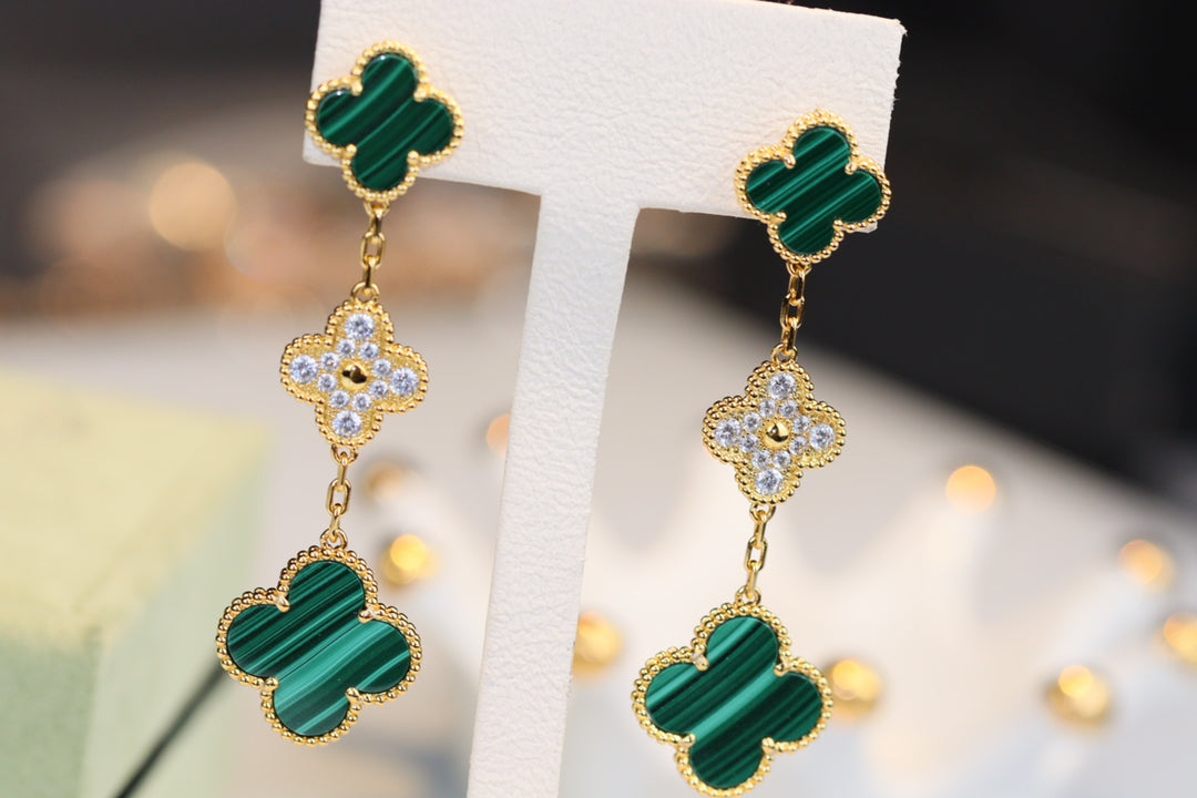 [Noble Aura jewelry]CLOVER EARRINGS GOLD MALACHITE DIAMOND 3 MOTIF