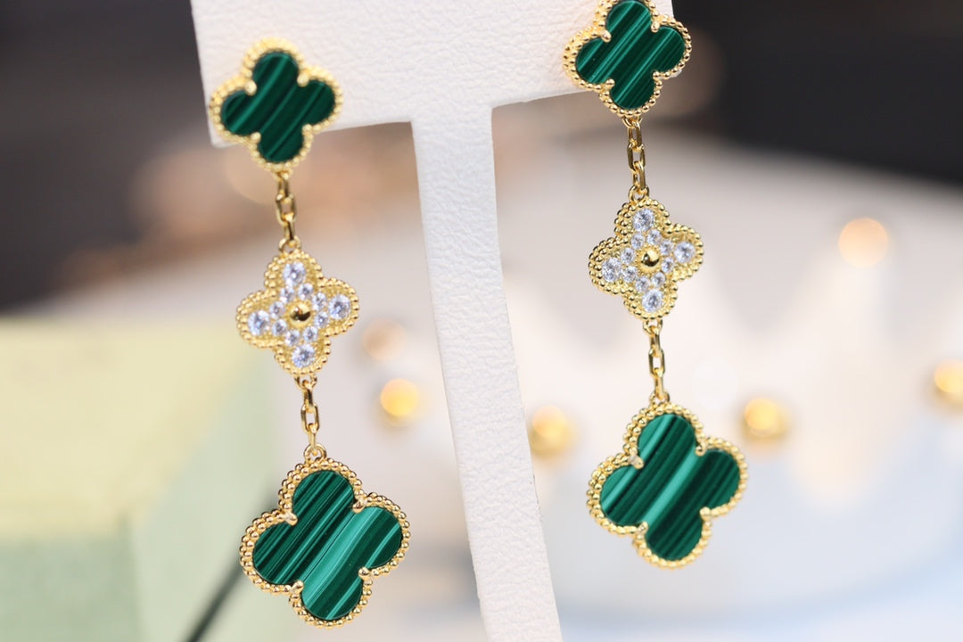 [Noble Aura jewelry]CLOVER EARRINGS GOLD MALACHITE DIAMOND 3 MOTIF