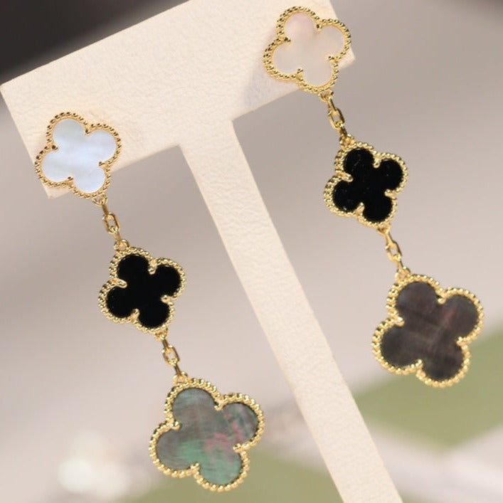 [Noble Aura jewelry]CLOVER EARRINGS GOLD ONYX MOP 3 MOTIF