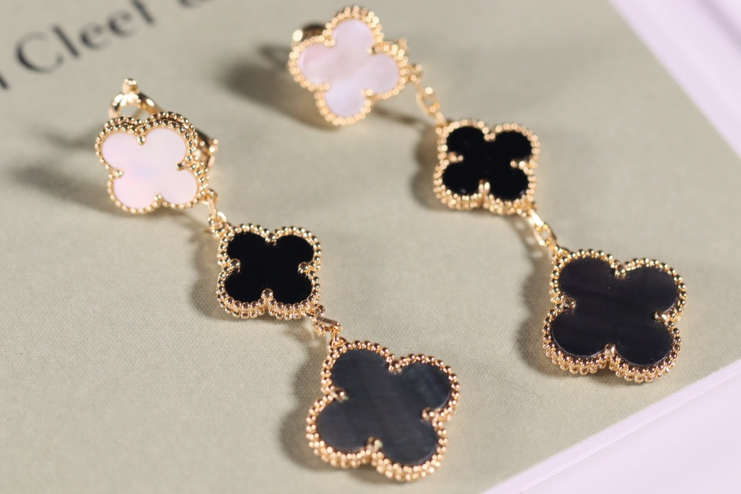 [Noble Aura jewelry]CLOVER EARRINGS GOLD ONYX MOP 3 MOTIF