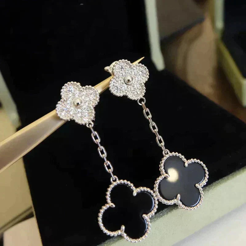 [Noble Aura jewelry]CLOVER 2 MOTIFS  DIAMOND ONYX EARRINGS SILVER