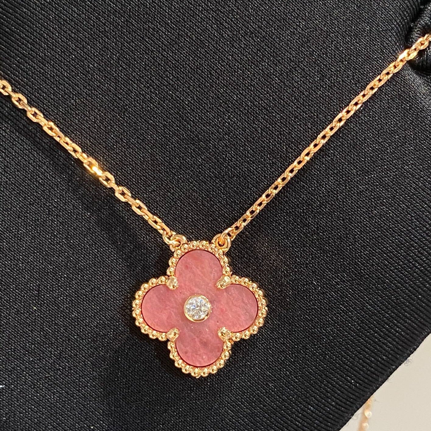 [Noble Aura jewelry]CLOVER 15MM DIAMOND RHODONITE NECKLACE