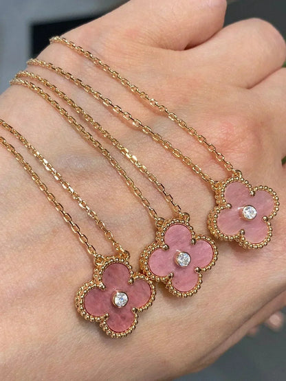 [Noble Aura jewelry]CLOVER 15MM DIAMOND RHODONITE NECKLACE