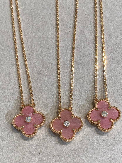 [Noble Aura jewelry]CLOVER 15MM DIAMOND RHODONITE NECKLACE