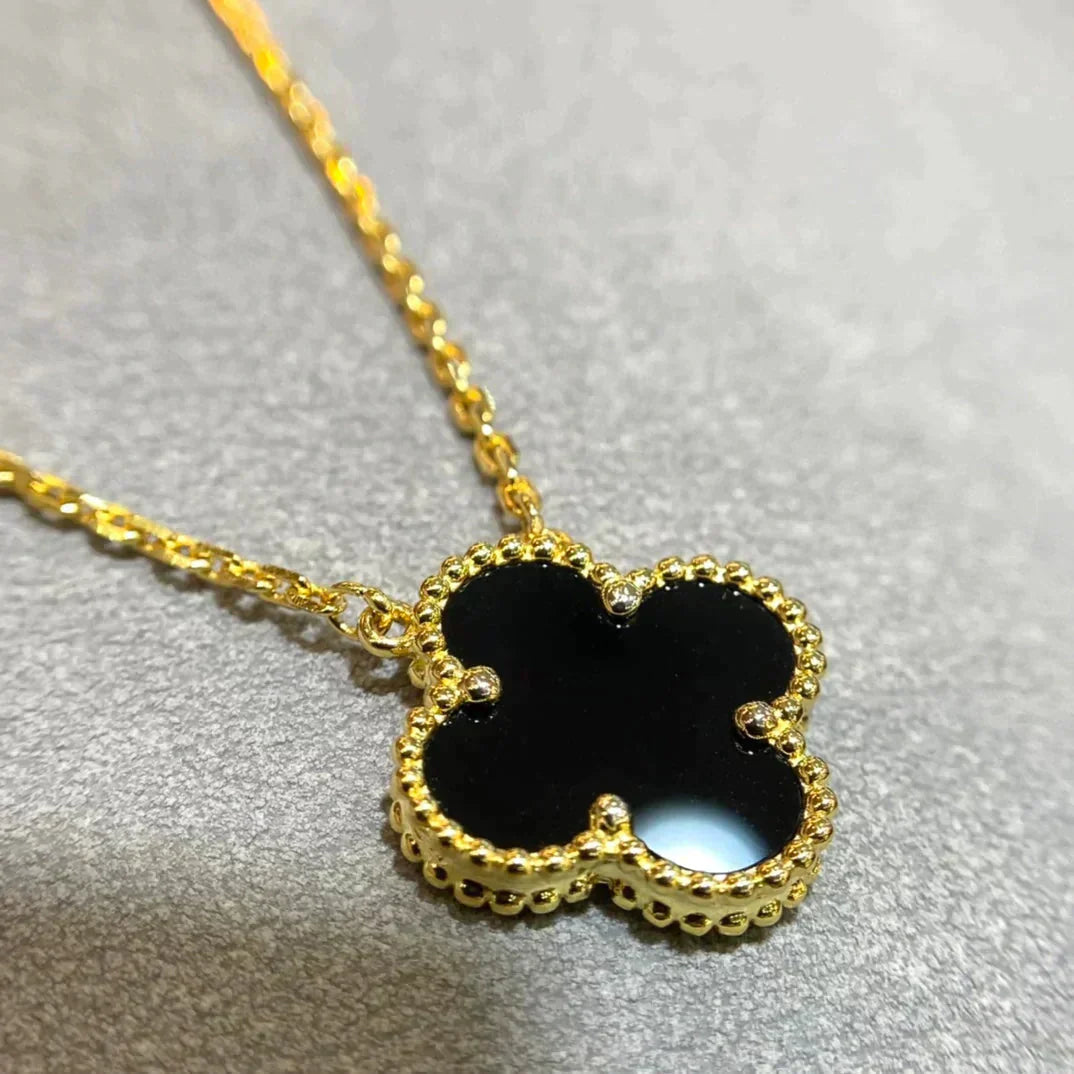[Noble Aura jewelry]CLOVER 15MM BLACK ONYX SINGLE FLOWER NECKLACE
