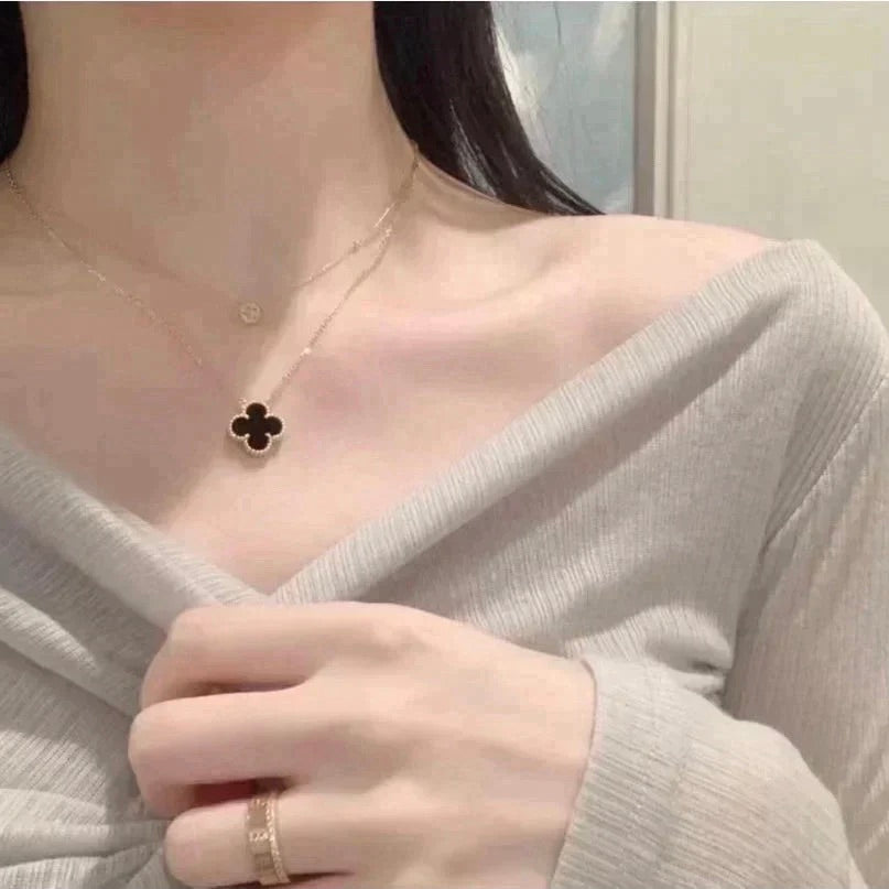 [Noble Aura jewelry]CLOVER 15MM BLACK ONYX SINGLE FLOWER NECKLACE