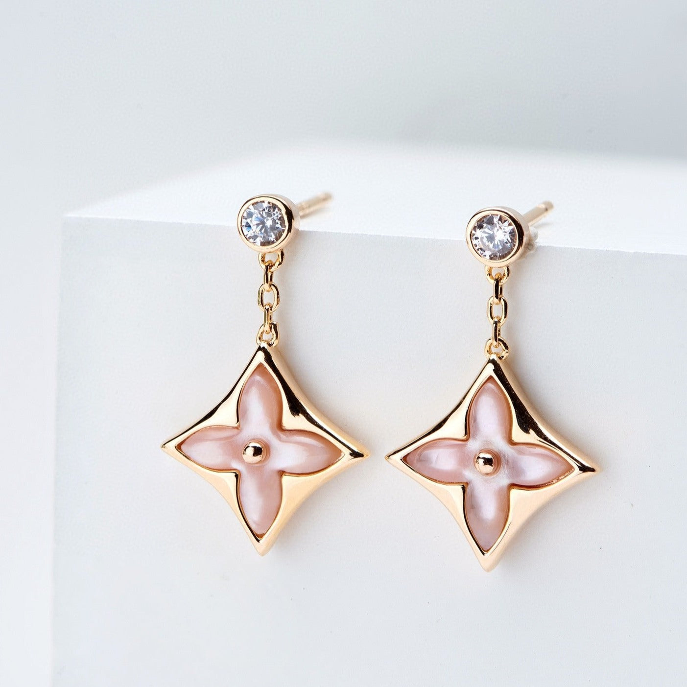 [Noble Aura jewelry]DOUBLE STAR PINK GOLD MOP DROP EARRINGS