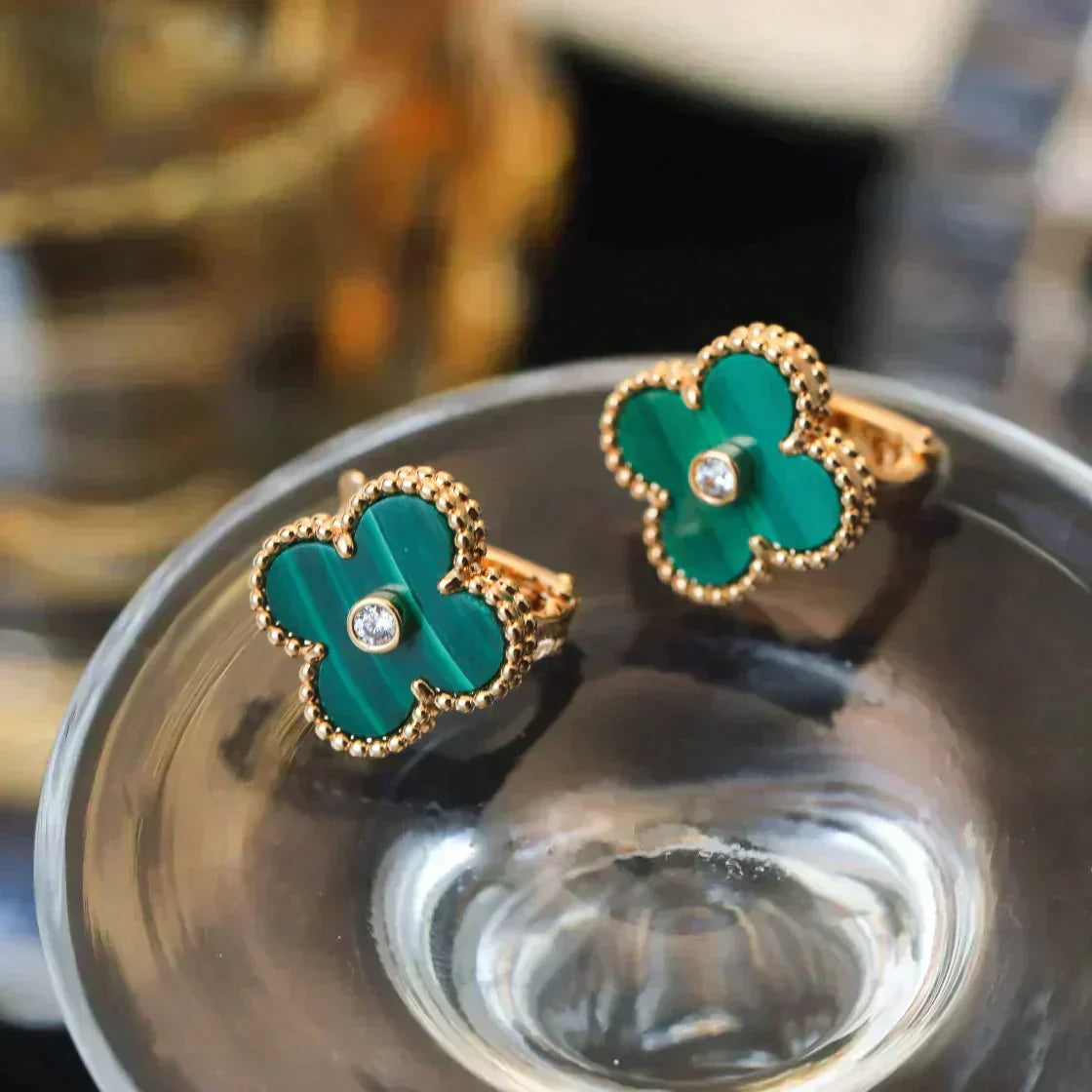 [Noble Aura jewelry]CLOVER MEDIUM 1 MOTIFS MALACHITE DIAMOND EARRINGS