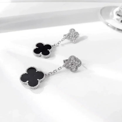 [Noble Aura jewelry]CLOVER 2 MOTIFS  DIAMOND ONYX EARRINGS SILVER