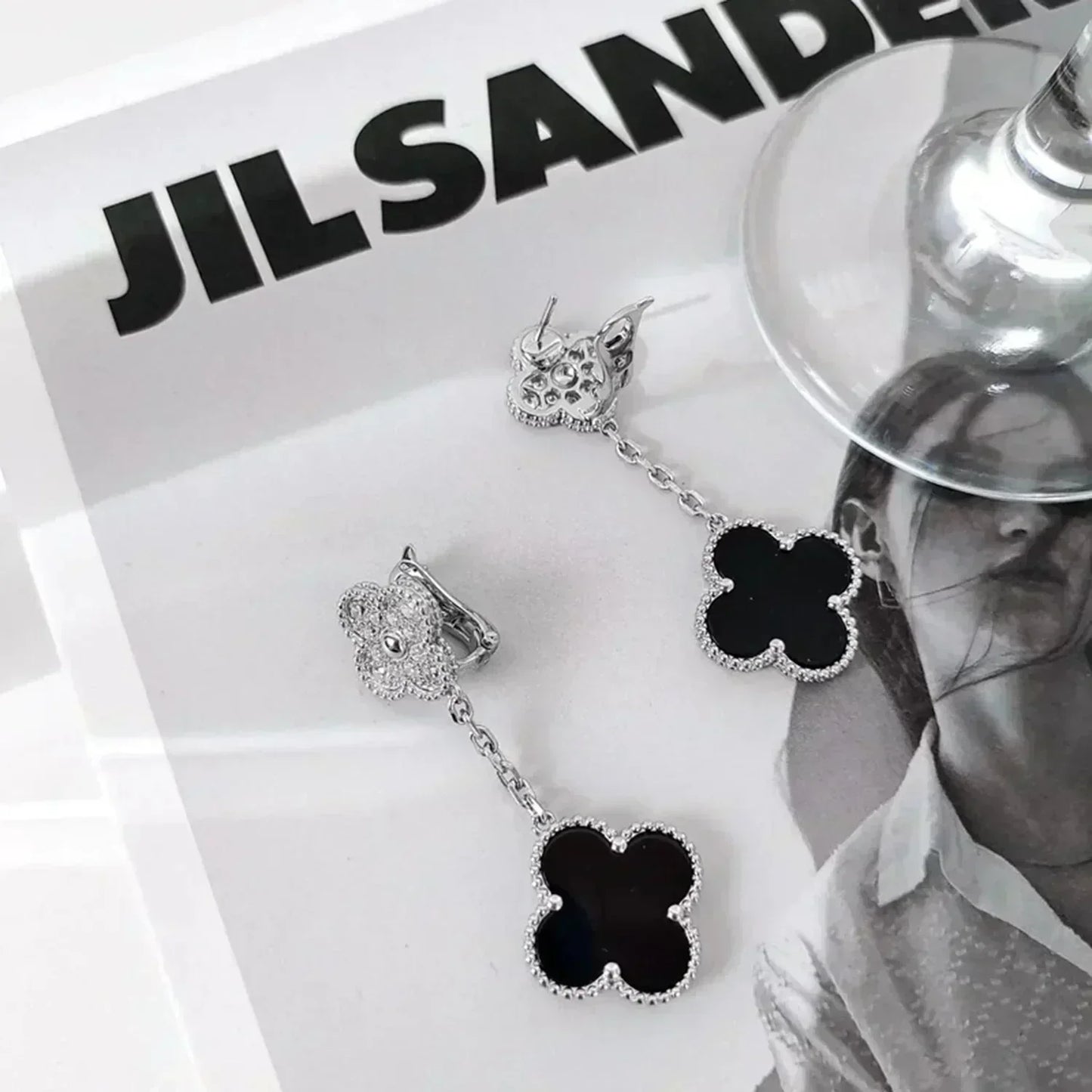 [Noble Aura jewelry]CLOVER 2 MOTIFS  DIAMOND ONYX EARRINGS SILVER