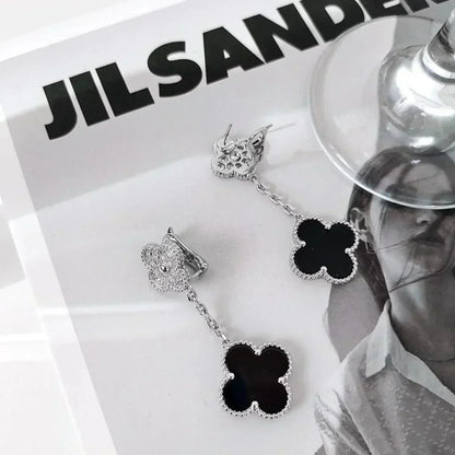 [Noble Aura jewelry]CLOVER 2 MOTIFS  DIAMOND ONYX EARRINGS SILVER