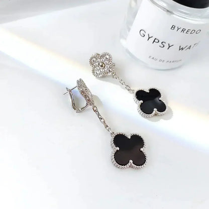[Noble Aura jewelry]CLOVER 2 MOTIFS  DIAMOND ONYX EARRINGS SILVER