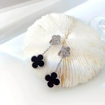 [Noble Aura jewelry]CLOVER 2 MOTIFS  DIAMOND ONYX EARRINGS SILVER