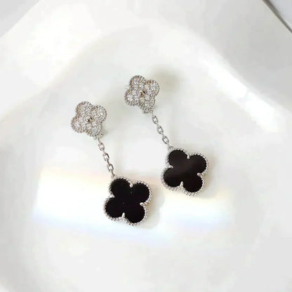 [Noble Aura jewelry]CLOVER 2 MOTIFS  DIAMOND ONYX EARRINGS SILVER