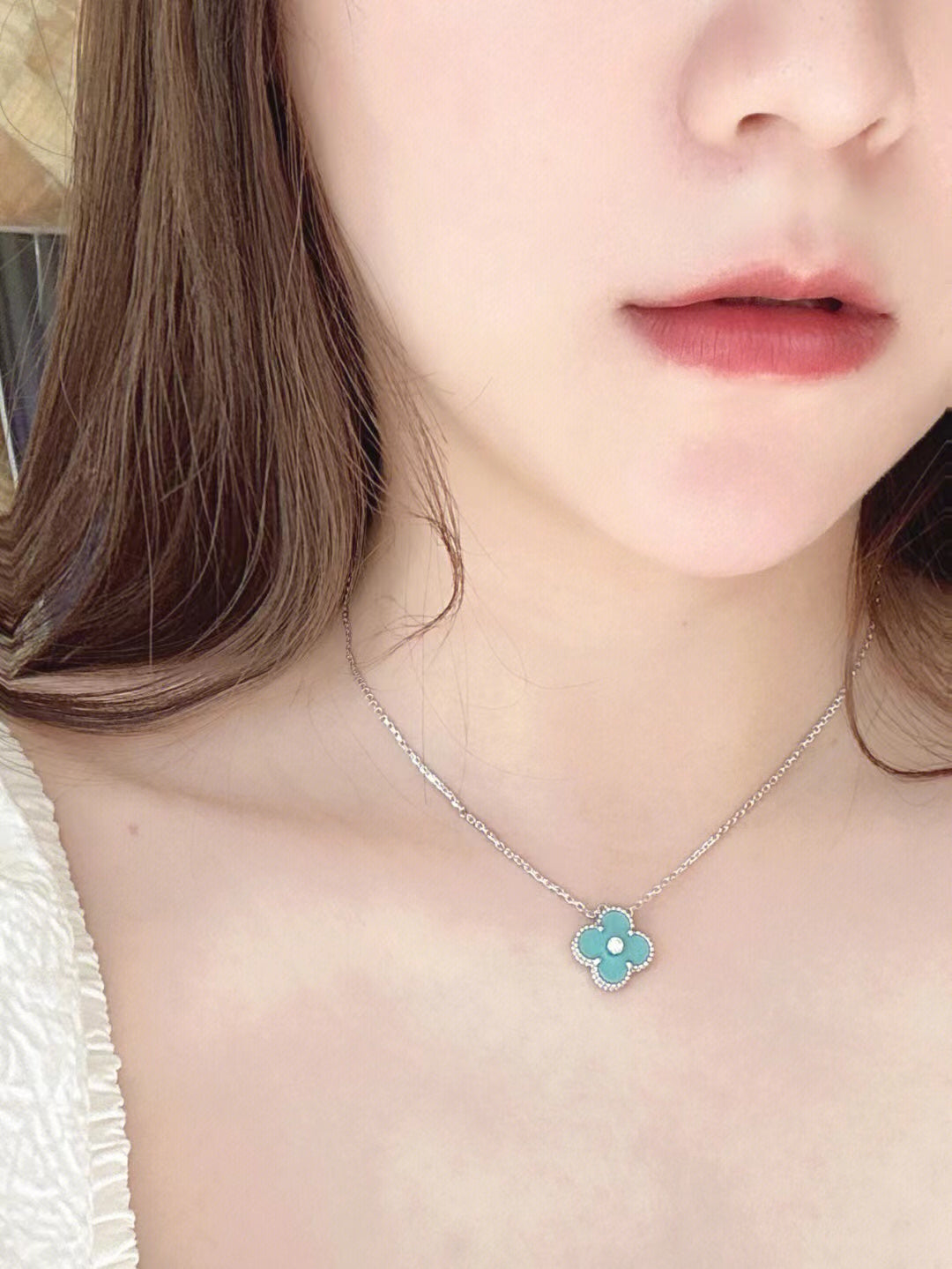 [Noble Aura jewelry]CLOVER 1 DIAMOND LIGHT BLUE SILVER NECKLACE
