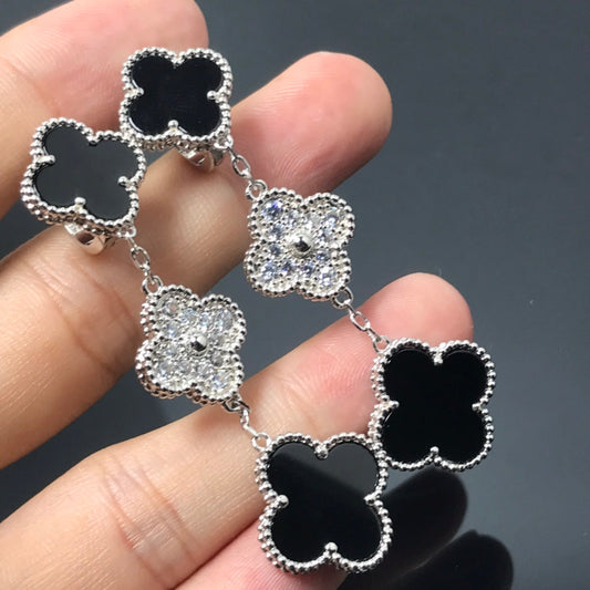 [Noble Aura jewelry]CLOVER 3 MOTIF DIAMOND ONYX SILVER EARRINGS
