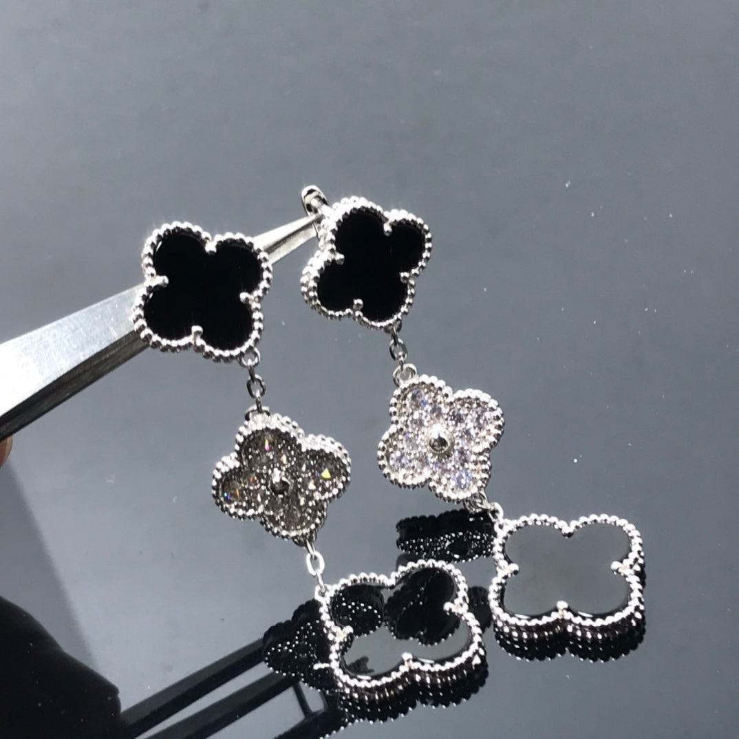 [Noble Aura jewelry]CLOVER 3 MOTIF DIAMOND ONYX SILVER EARRINGS