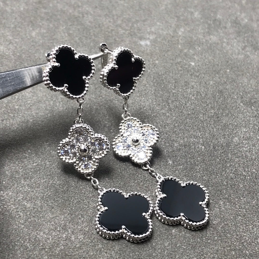 [Noble Aura jewelry]CLOVER 3 MOTIF DIAMOND ONYX SILVER EARRINGS