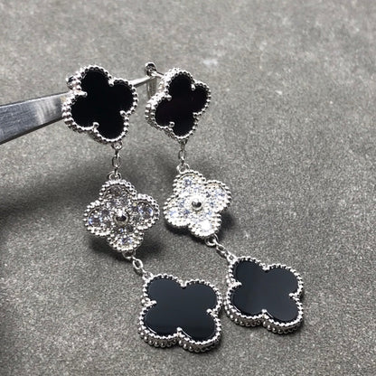 [Noble Aura jewelry]CLOVER 3 MOTIF DIAMOND ONYX SILVER EARRINGS