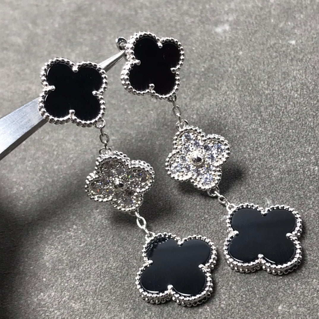 [Noble Aura jewelry]CLOVER 3 MOTIF DIAMOND ONYX SILVER EARRINGS