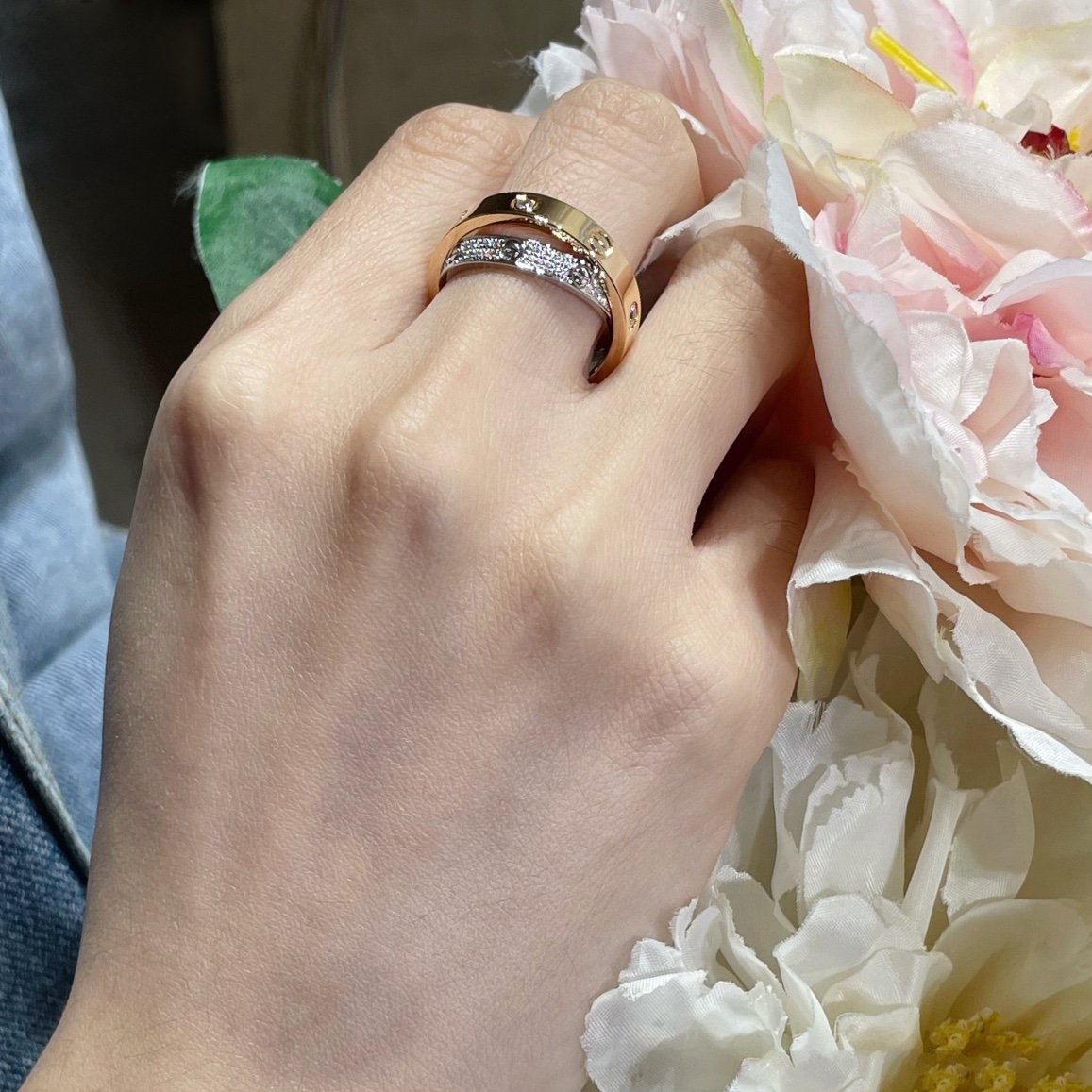 [Noble Aura jewelry]LOVE PINK GOLD SILVER DIAMOND DOUBLE RING