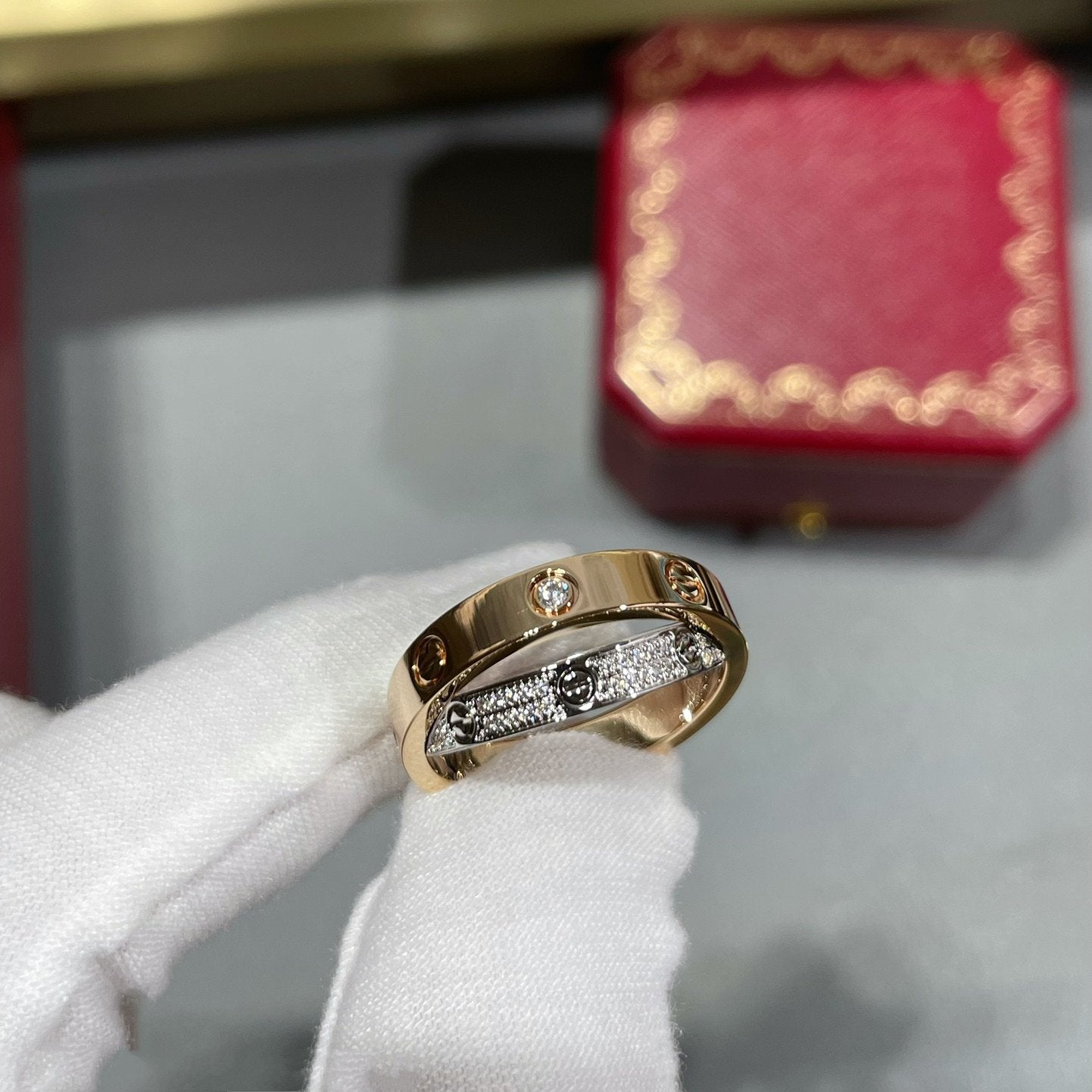 [Noble Aura jewelry]LOVE PINK GOLD SILVER DIAMOND DOUBLE RING