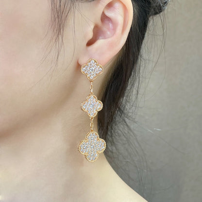 [Noble Aura jewelry]CLOVER 3 MOTIFS DIAMOND PAVED ROSE GOLD EARRINGS