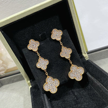 [Noble Aura jewelry]CLOVER 3 MOTIFS DIAMOND PAVED ROSE GOLD EARRINGS