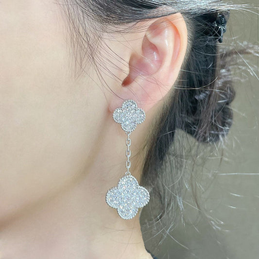 [Noble Aura jewelry]CLOVER 2 MOTIFS DIAMOND PAVED SILVER EARRINGS