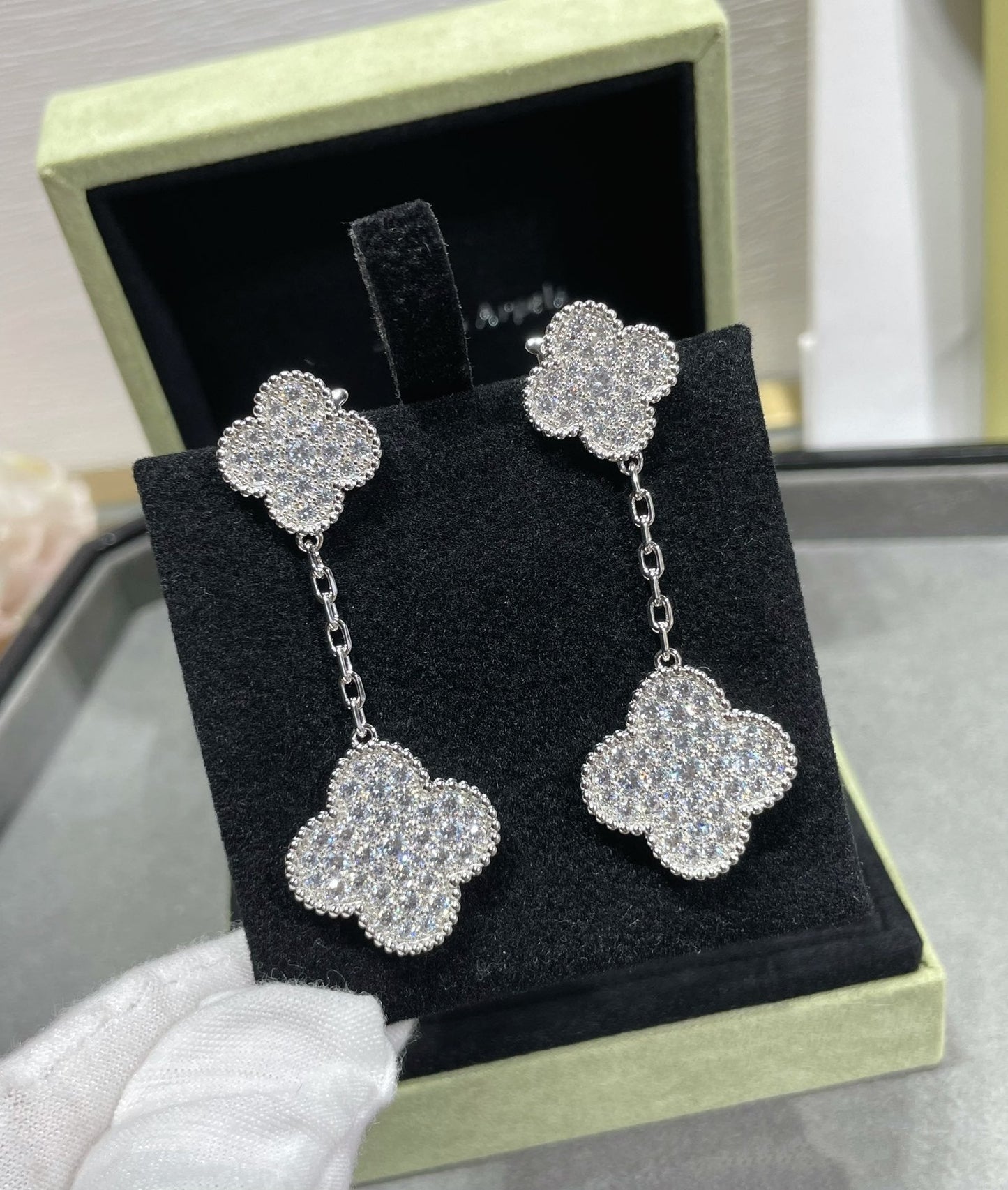 [Noble Aura jewelry]CLOVER 2 MOTIFS DIAMOND PAVED SILVER EARRINGS