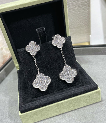 [Noble Aura jewelry]CLOVER 2 MOTIFS DIAMOND PAVED SILVER EARRINGS