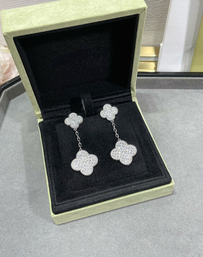 [Noble Aura jewelry]CLOVER 2 MOTIFS DIAMOND PAVED SILVER EARRINGS