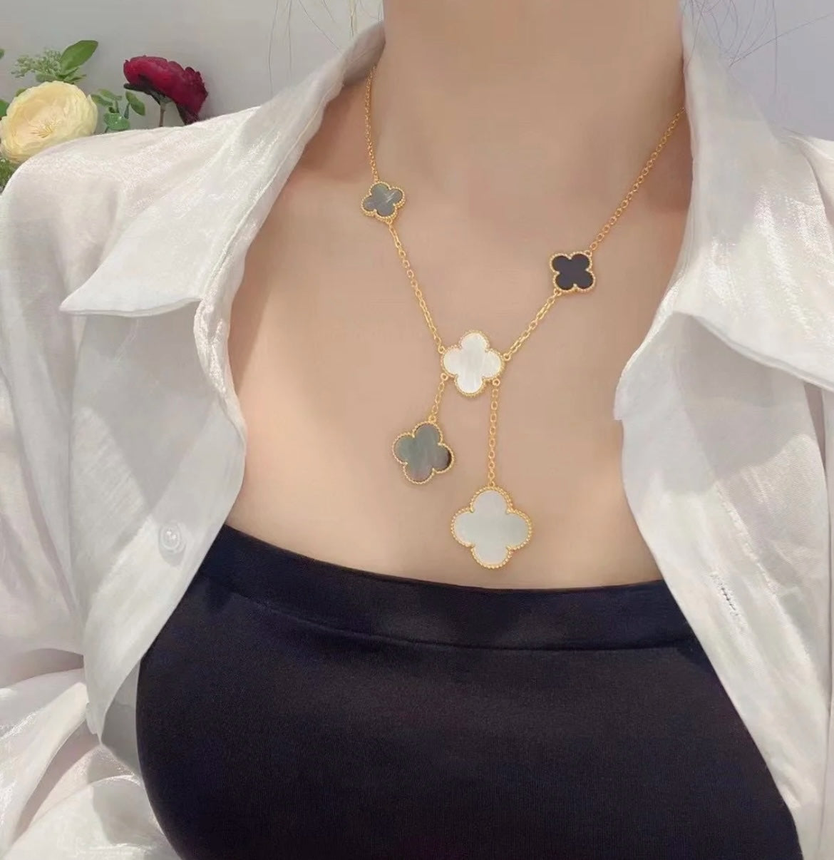 [Noble Aura jewelry]CLOVER 6 MOTIF MOP ONYX GOLD NECKLACE