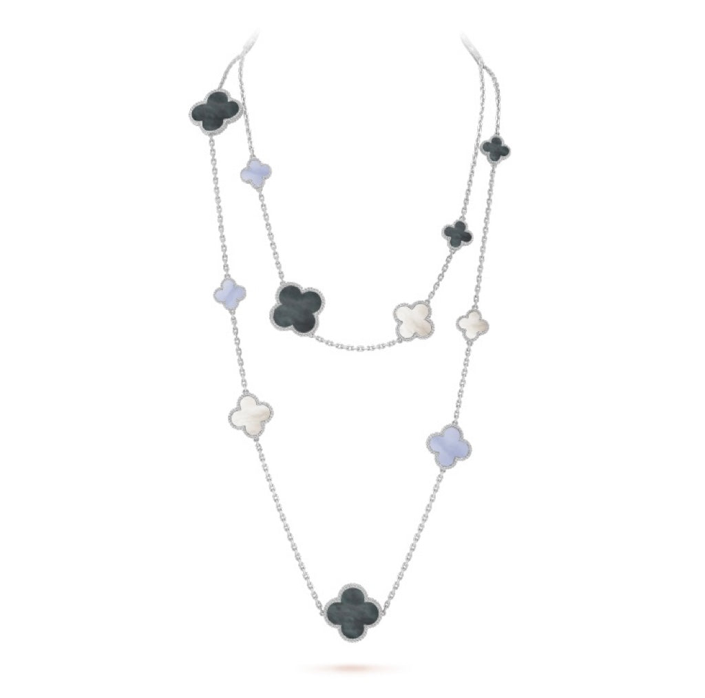 [Noble Aura jewelry]CLOVER 16 MOTIF CHALCEDONY MOP SILVER NECKLACE
