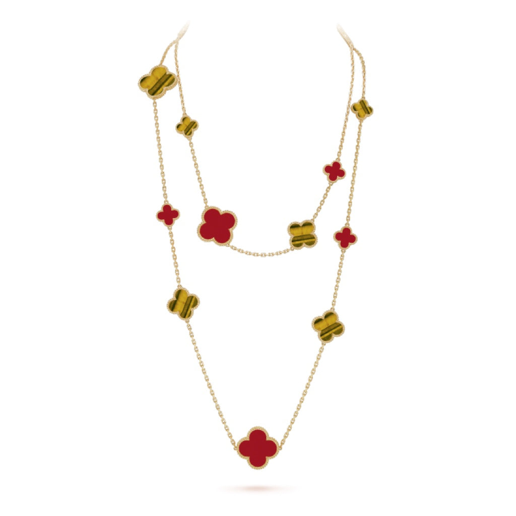 [Noble Aura jewelry]CLOVER 16 MOTIF CARNELIAN TIGER EYE ROSE GOLD NECKLACE
