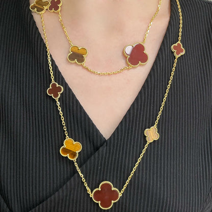 [Noble Aura jewelry]CLOVER 16 MOTIF CARNELIAN TIGER EYE ROSE GOLD NECKLACE