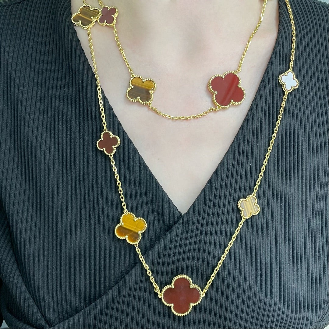 [Noble Aura jewelry]CLOVER 16 MOTIF CARNELIAN TIGER EYE ROSE GOLD NECKLACE