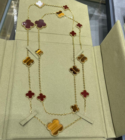 [Noble Aura jewelry]CLOVER 16 MOTIF CARNELIAN TIGER EYE ROSE GOLD NECKLACE