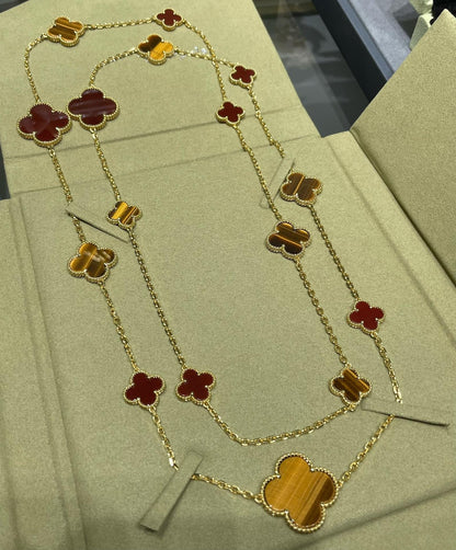 [Noble Aura jewelry]CLOVER 16 MOTIF CARNELIAN TIGER EYE ROSE GOLD NECKLACE