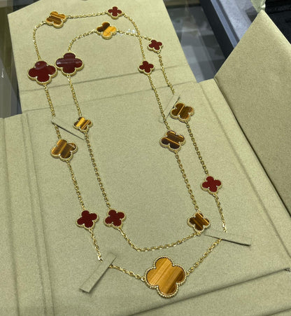 [Noble Aura jewelry]CLOVER 16 MOTIF CARNELIAN TIGER EYE ROSE GOLD NECKLACE