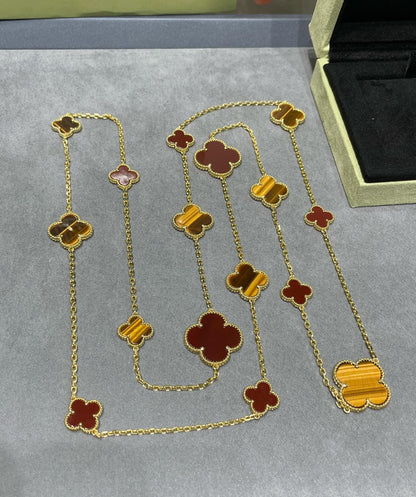 [Noble Aura jewelry]CLOVER 16 MOTIF CARNELIAN TIGER EYE ROSE GOLD NECKLACE