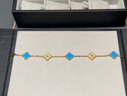 [Noble Aura jewelry]CLOVER 5 MOTIF BLUE CHALCEDONY DIAMOND GOLD BRACELET