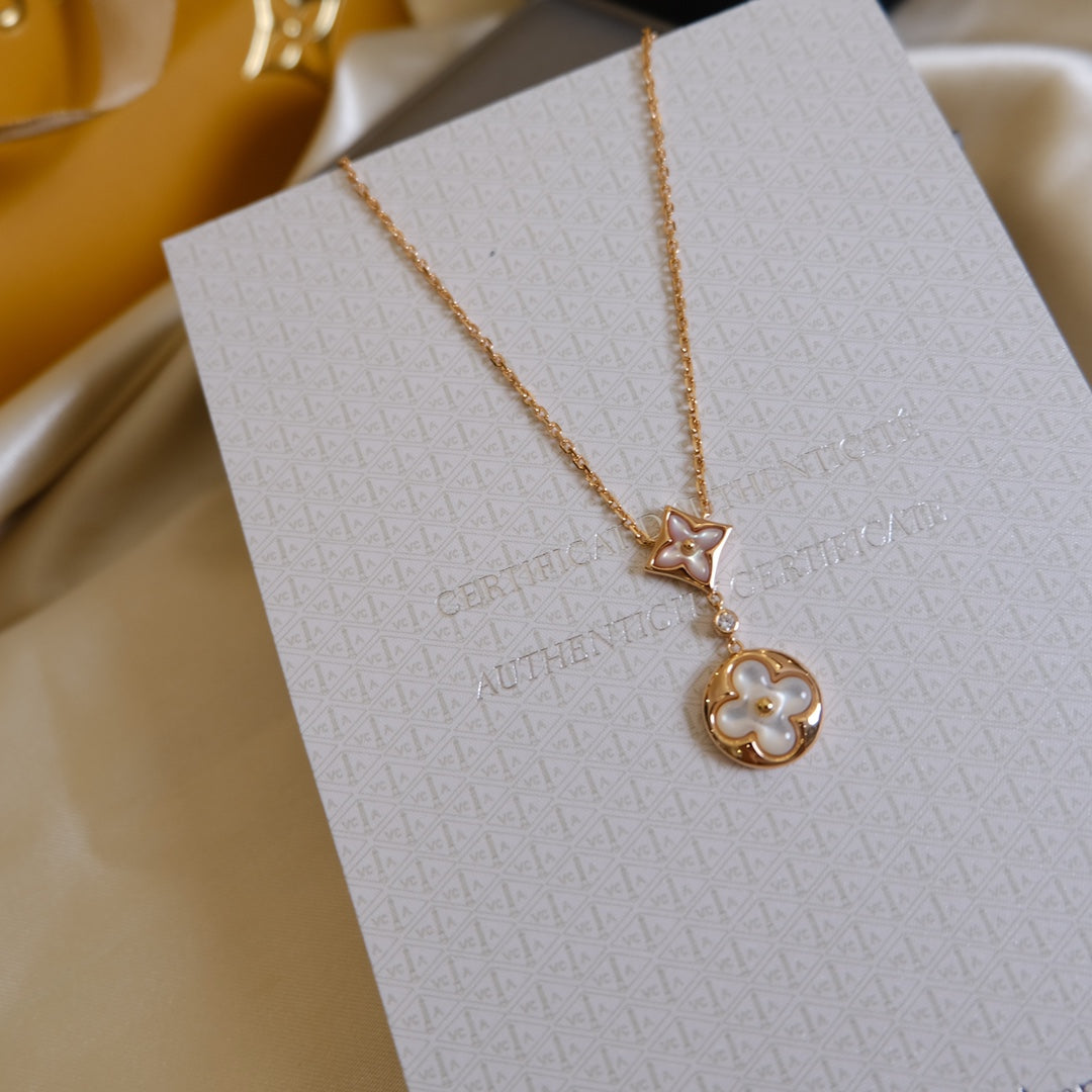 [Noble Aura jewelry]STAR AND SUN WHITE MOP 2 MOTIF PINK GOLD NECKLACE
