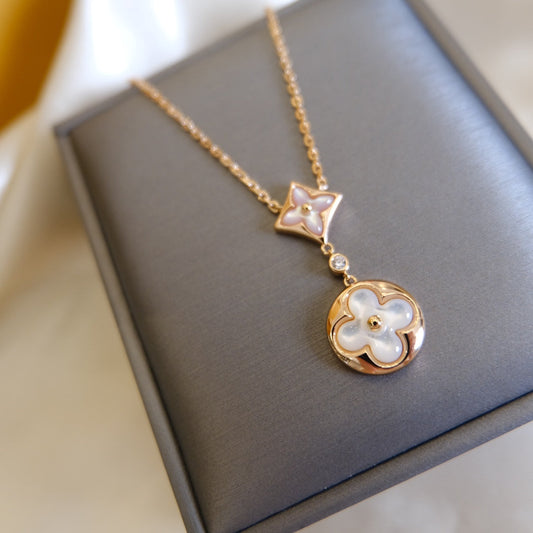 [Noble Aura jewelry]STAR AND SUN WHITE MOP 2 MOTIF PINK GOLD NECKLACE