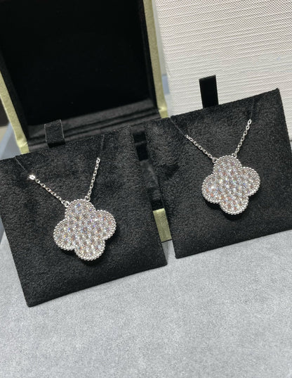 [Noble Aura jewelry]CLOVER 25MM LARGE PENDANT DIAMOND PAVED SILVER NECKLACE