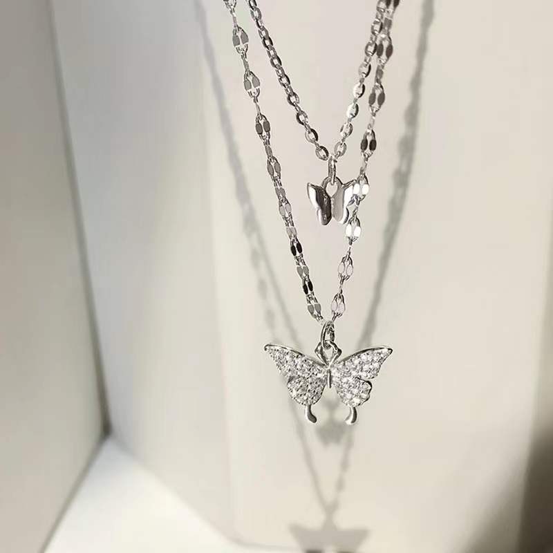 s925 Double Butterfly Pendant Stacked Necklace