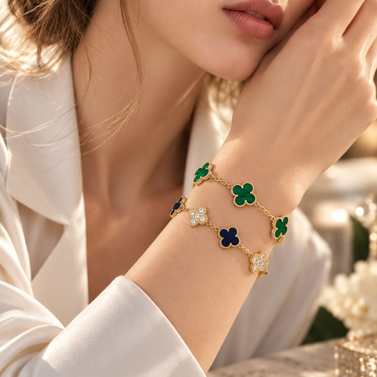 [Noble Aura jewelry]Clover 5-Motif Malachite & Pietersite Bracelet Stack Set