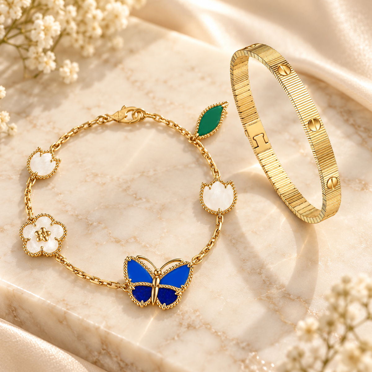 [Noble Aura jewelry] Lucky Spring Butterfly 5-Motif & LOVE Unlimited Bracelet Stack Set